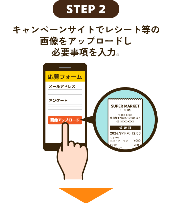 STEP2 キャンペーンサイトでレシート等の画像をアップロードし必要事項を入力。
