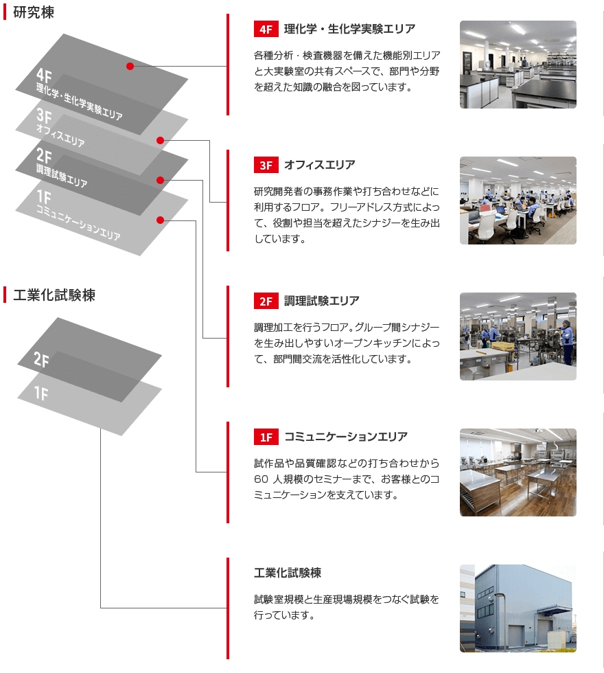 【研究棟】1F：コミュニケーションエリア、2F：調理試験エリア、3F：オフィスエリア、4F：理化学・生化学実験エリア、【工業化試験棟】
