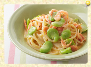 桜エビとそら豆のカルボナーラスパゲッティ