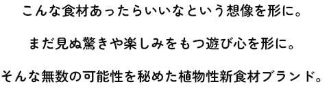 こんな食材あったらいいなという想像を形に。まだ見ぬ驚きや楽しみをもつ遊び心を形に。そんな無数の可能性を秘めた植物性新食材ブランド。