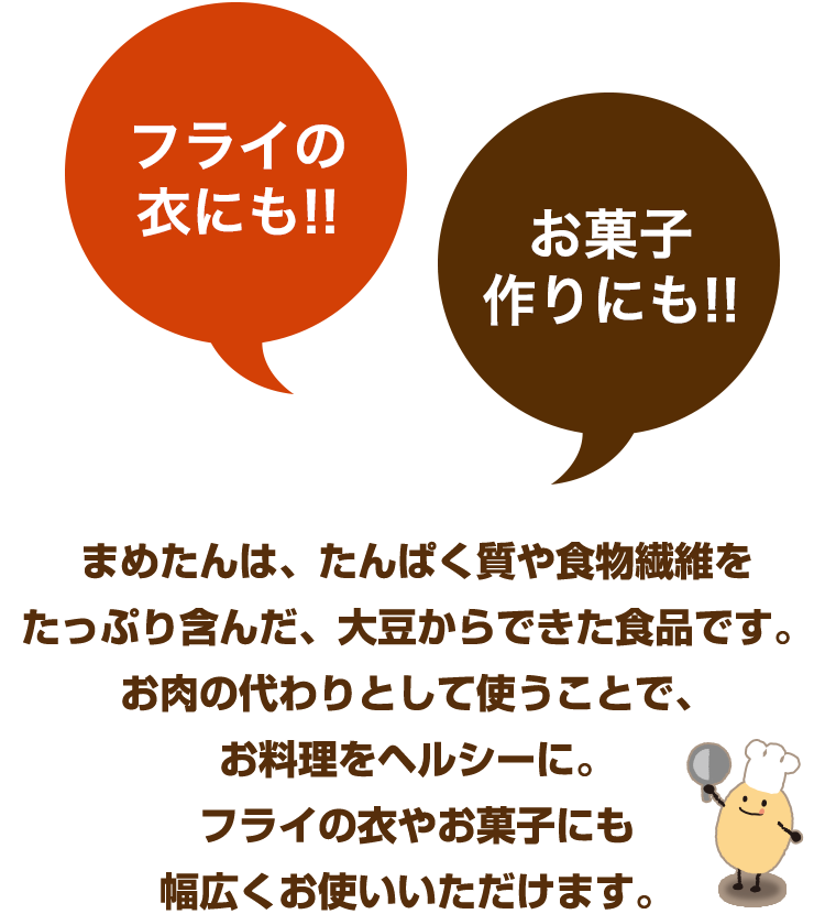 フライの衣にも!! お菓子作りにも!! まめたんは、たんぱく質や食物繊維をたっぷり含んだ、大豆からできた食品です。お肉の代わりとして使うことで、お料理をヘルシーに。フライの衣やお菓子にも幅広くお使いいただけます。