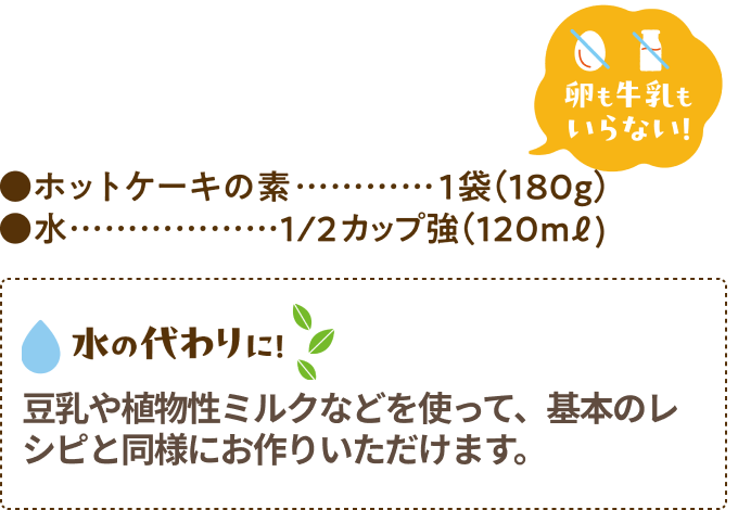 ホットケーキの素…1袋（180g）、水…1/2カップ強（120ml） 卵も牛乳もいらない！ 水の代わりに！豆乳や植物性ミルクなどを使って、基本のレシピと同様にお作りいただけます。